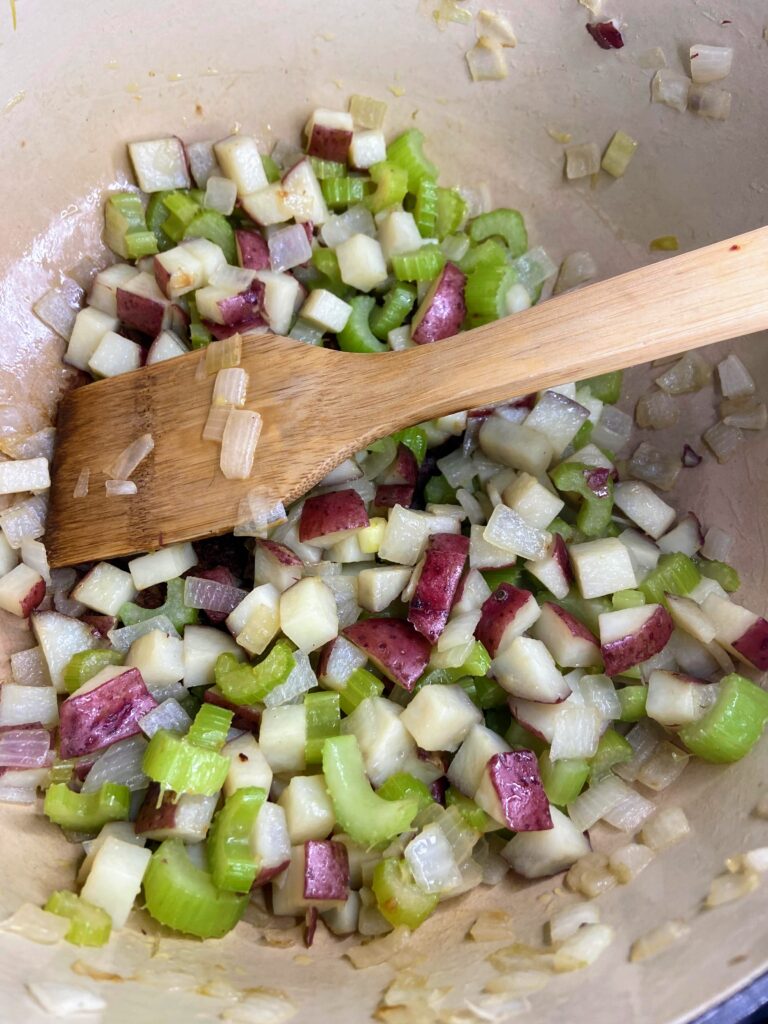 Chopped vegetables for homemade clam chowder
